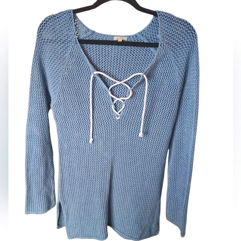 Project Open Knit Lace Up Sweater Tunic Blue Size Medium Beachy Boho Resortwear